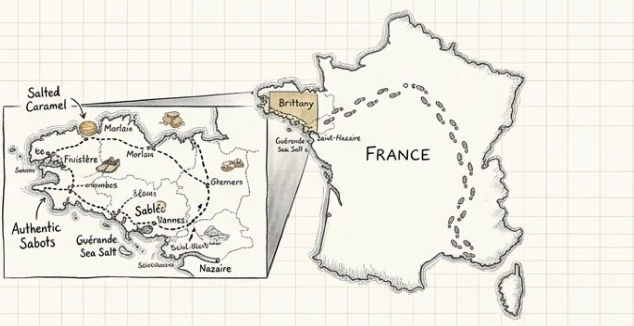 Hand-drawn map of our journey across Brittany
